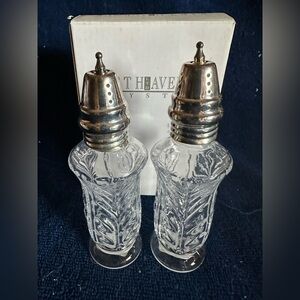 Vintage Fifth Avenue “Portico” Crystal Salt and Pepper Shakers Silver Plate Lids